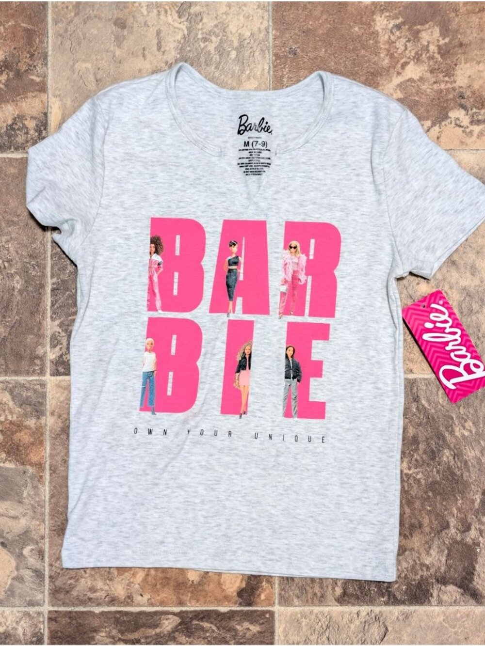Barbie Girls Graphic Tee Heather Gray "Own Your Unique" Design M (7-9) Cotton Bl